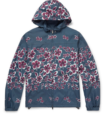 slim fit hibiscus print shell hooded jacket