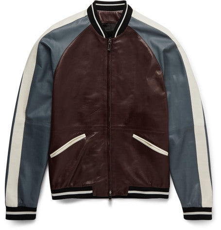 colour block leather varsity jacket