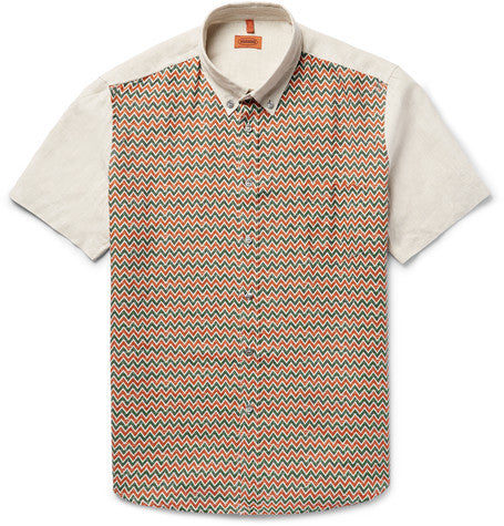 button down collar printed linen shirt