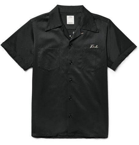 irving camp collar embroidered satin twill shirt