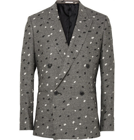 grey slim fit paint splattered double breasted houndstooth linen blazer