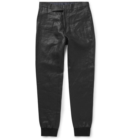 slim fit coated linen trousers