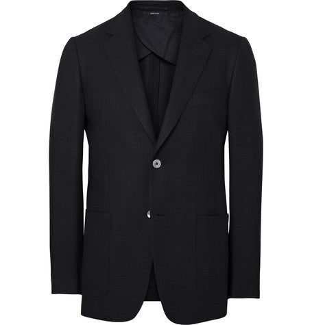 blue slim fit wool and silk blend hopsack blazer