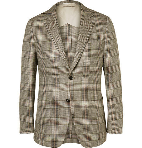 brown houndstooth checked silk  linen and wool blend blazer