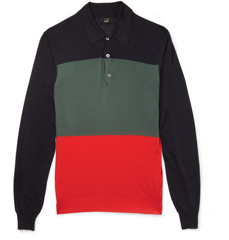 slim fit colour block knitted mulberry silk polo shirt