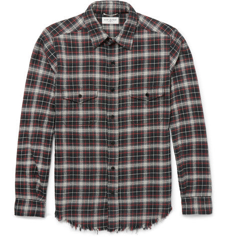 slim fit distressed checked cotton flannel shirt