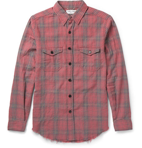 slim fit raw hem checked cotton blend shirt