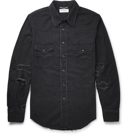 slim fit distressed denim western shirt