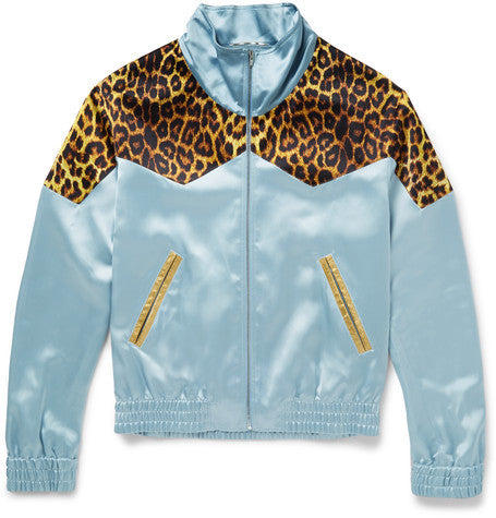 leopard print panelled satin bomber jacket