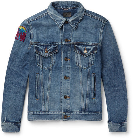 appliqued distressed denim jacket