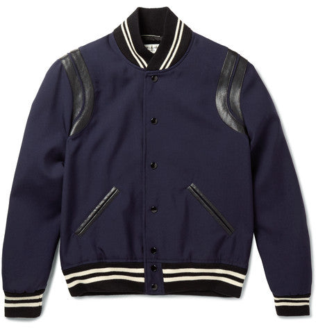 leather trimmed wool varsity jacket