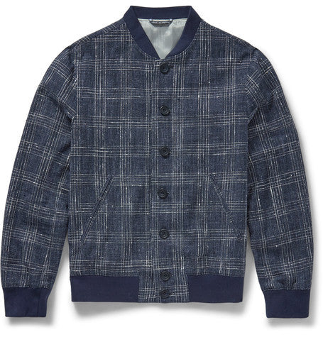 slim fit checked cotton  silk and linen blend bomber jacket