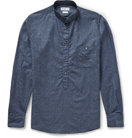 slim fit grandad collar printed cotton shirt