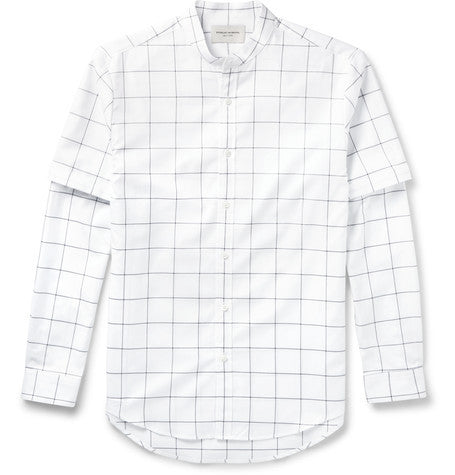 grandad collar checked cotton shirt
