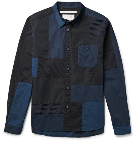 slim fit patchwork cotton poplin  shell and mesh shirt