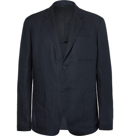 navy unstructured herringbone linen blazer