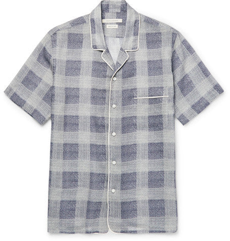 camp collar checked ramie crepe shirt