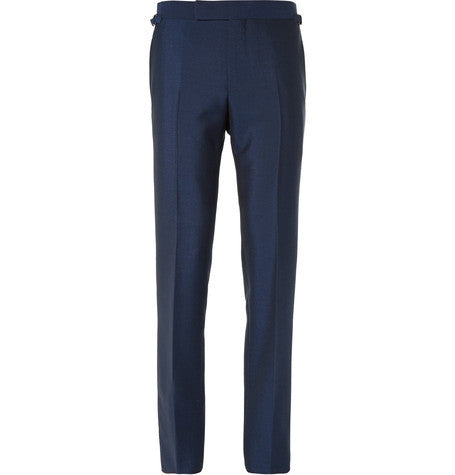 blue slim fit mohair and wool blend suit trousers