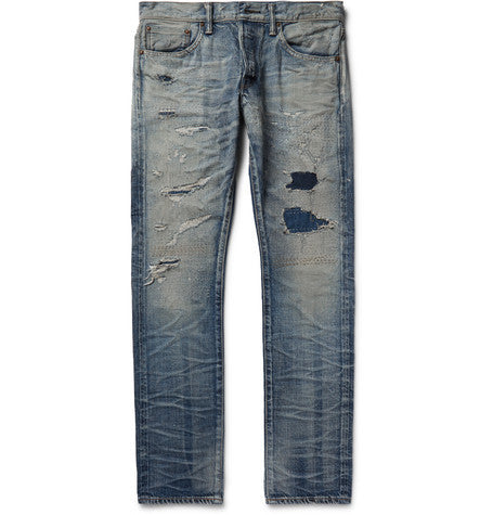 samue slim fit distressed washed selvedge denim jeans