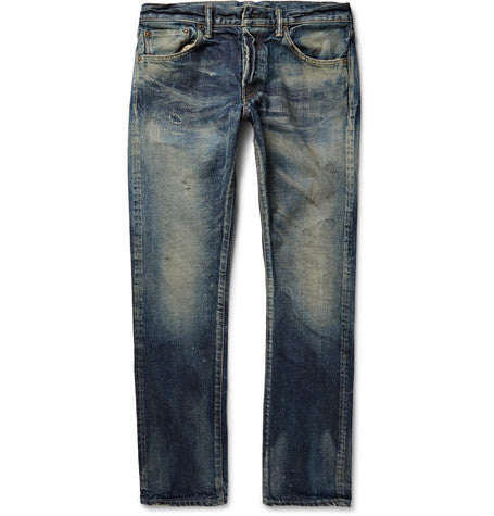 iron slim fit distressed washed selvedge denim jeans