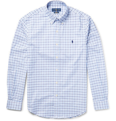 slim fit button down collar checked stretch cotton oxford shirt