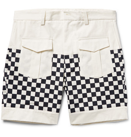 checkerboard panelled cotton twill shorts