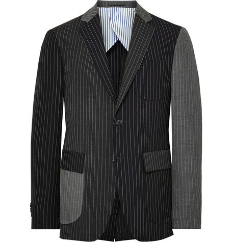 black slim fit panelled chalk stripe wool blazer