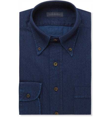 indigo slim fit button down collar cotton chambray shirt
