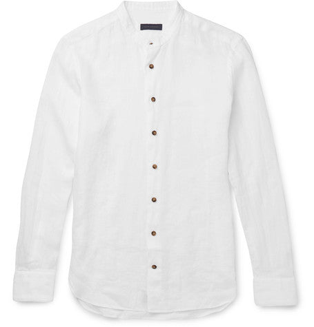slim fit grandad collar slub linen shirt