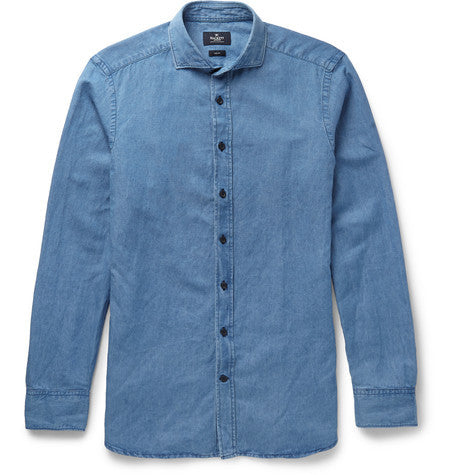 slim fit cotton and linen blend chambray shirt