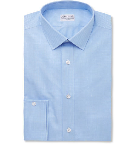 blue slim fit checked cotton and linen blend shirt