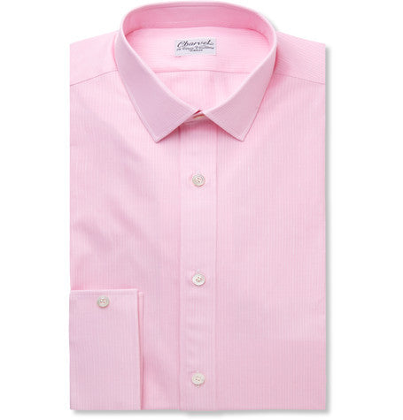 pink slim fit striped cotton and linen blend shirt