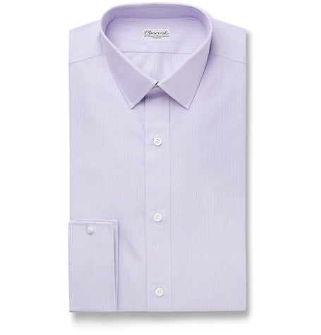 lavender slim fit striped cotton and linen blend shirt