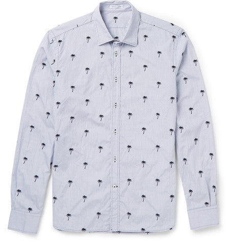 slim fit palm embroidered checked stretch cotton shirt