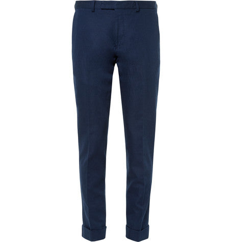 navy smarty pants slim fit cotton and linen blend trousers