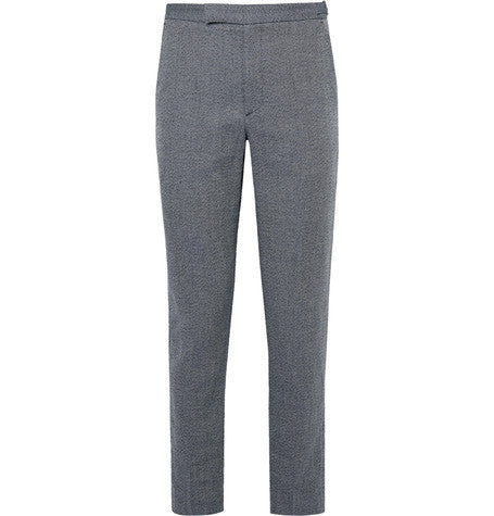 storm blue slim fit birdseye cotton and linen blend trousers