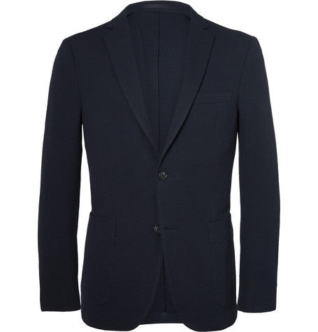 blue slim fit cotton blend seersucker blazer