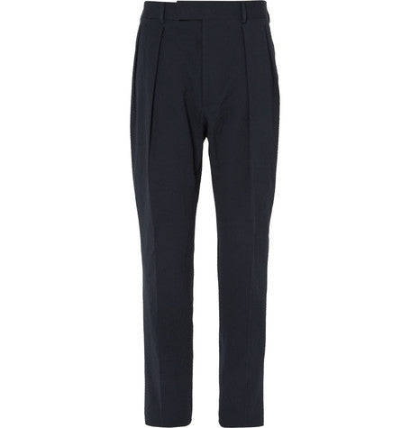 blue cotton blend seersucker trousers