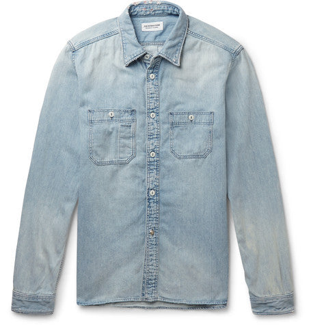 slim fit distressed denim shirt