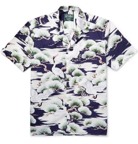 camp collar crane print cotton poplin shirt