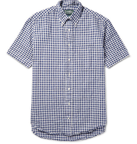 button down collar gingham linen and cotton blend shirt