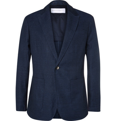 blue ecoseam reg  linen and wool blend hopsack blazer