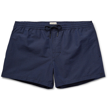 arlen slim fit short length striped cotton blend swim shorts