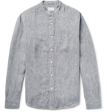 slim fit grandad collar melange slub linen shirt