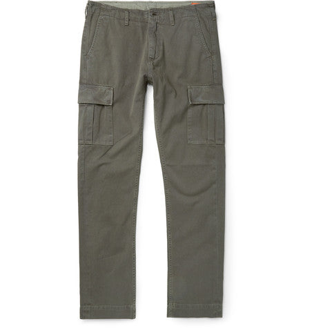 gene slim fit selvedge cotton twill cargo trousers