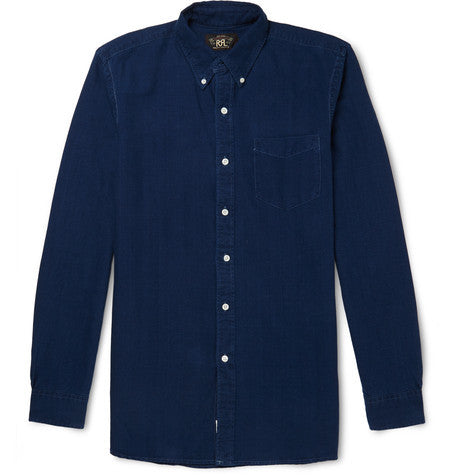 slim fit button down collar indigo dyed cotton oxford shirt