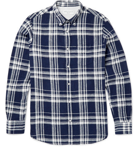 checked linen and cotton blend shirt