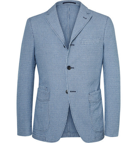 indigo and white slim fit houndstooth cotton blazer