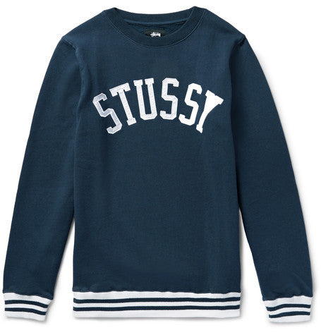 college appliqued fleece back cotton blend jersey sweatshirt