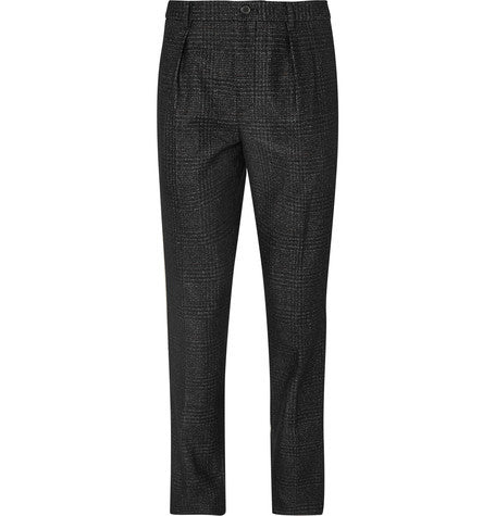 slim fit checked wool blend trousers